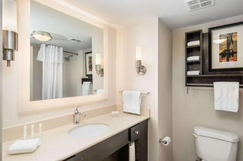 a bathroom with a sink and a toilet and a mirror at Homewood Suites by Hilton Austin South in Austin