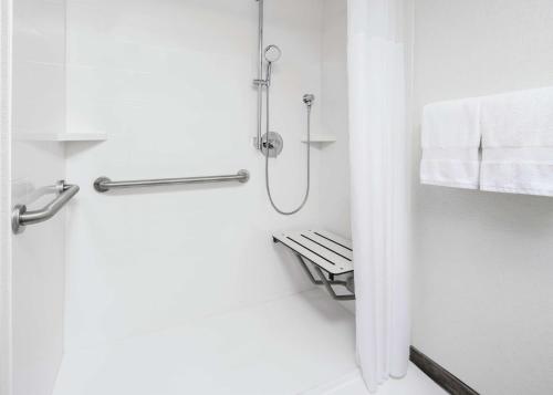 a white bathroom with a shower and a toilet at Hampton Inn Austin North in Austin