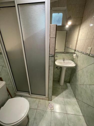 een badkamer met een douche, een toilet en een wastafel bij Lomas del Paraná in Eldorado