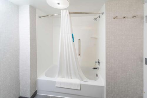 La salle de bains blanche est pourvue d'une baignoire et d'une douche. dans l'établissement Hampton Inn Swedesboro Philadelphia, à Swedesboro