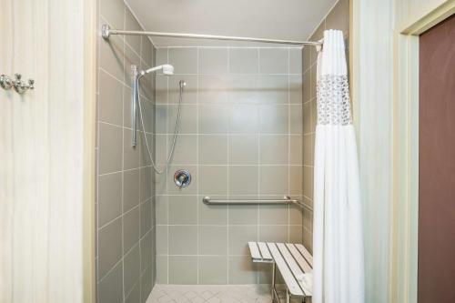 a bathroom with a shower with a shower curtain at Hampton Inn Bardstown in Bardstown