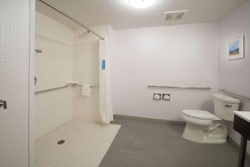 a white bathroom with a toilet and a shower at Hampton Inn Arvin Tejon Ranch, Ca in Wheeler Ridge