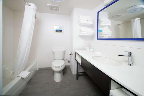 La salle de bains est pourvue de toilettes, d'un lavabo et d'un miroir. dans l'établissement Hampton Inn Arvin Tejon Ranch, Ca, à Wheeler Ridge