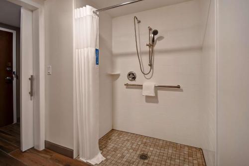 y baño con ducha y cortina de ducha. en Hampton Inn Birmingham-Colonnade 280, en Birmingham