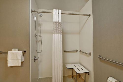 y baño con ducha y cortina de ducha. en Hampton Inn Bloomsburg, en Bloomsburg