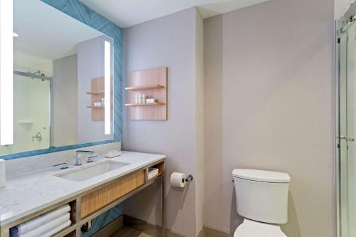 a bathroom with a toilet and a sink and a mirror at Hilton Garden Inn Boston Brookline, Ma in Brookline