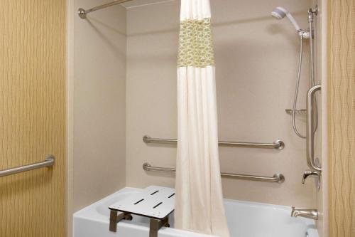 a bathroom with a shower curtain in a hotel room at Hampton Inn Boston/Braintree in Braintree