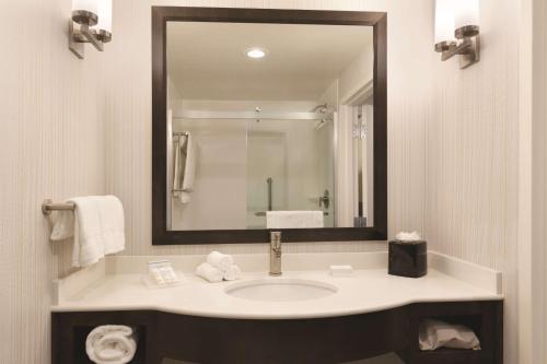 a bathroom with a sink and a large mirror at Hilton Garden Inn Boston Logan Airport in Boston