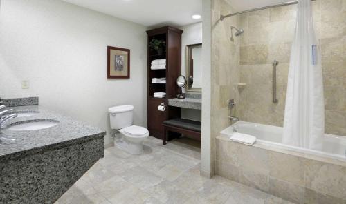 a bathroom with a toilet and a shower and a sink at Hampton Inn Boston-Natick in Natick