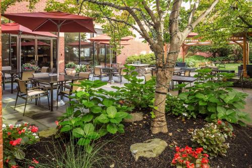 a patio with tables and chairs and a tree at DoubleTree by Hilton Boston-Andover in Andover