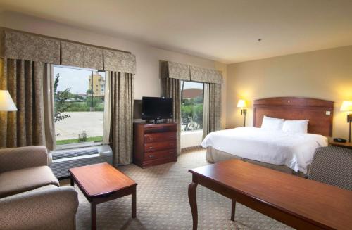 a hotel room with a bed and a desk and a tv at Hampton Inn and Suites-Brownsville in Brownsville