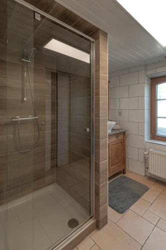 a bathroom with a shower with a glass door at Les 4 bras Maison de vacances in Beauraing