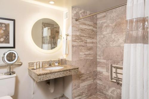 La salle de bains est pourvue d'un lavabo et d'une douche. dans l'établissement Doubletree by Hilton Laurel, MD, à Laurel