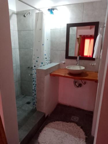 y baño con lavabo y ducha con espejo. en Diversidad serrana en Huerta Grande