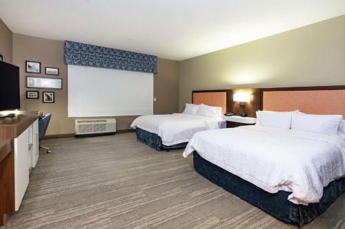a hotel room with two beds and a screen at Hampton Inn & Suites By Hilton-Columbia Killian Road in Killian