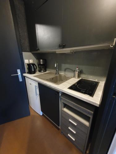 a small kitchen with a sink and a stove at Les saisies-gîte les carolos in Les Saisies