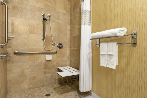 y baño con ducha, aseo y toallas. en Hampton Inn Akron-Fairlawn, en Montrose