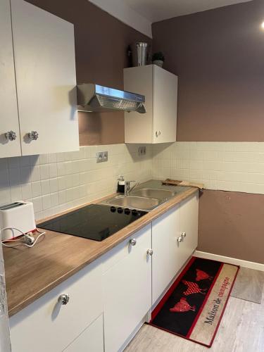 une cuisine avec des armoires blanches et un évier dans l'établissement Gite La Choupette, à Saint-Hilaire-du-Harcouët