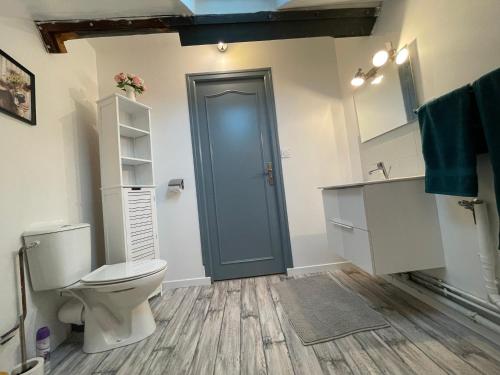 La salle de bains est pourvue de toilettes et d'une porte bleue. dans l'établissement Gite La Choupette, à Saint-Hilaire-du-Harcouët