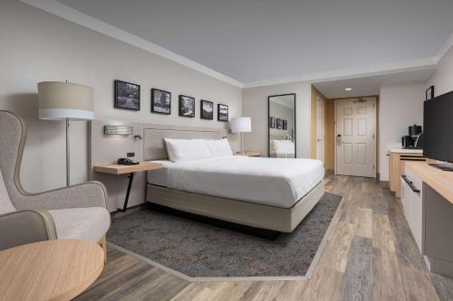 1 dormitorio con 1 cama, escritorio y TV en Hilton Garden Inn Chattanooga Downtown, en Chattanooga