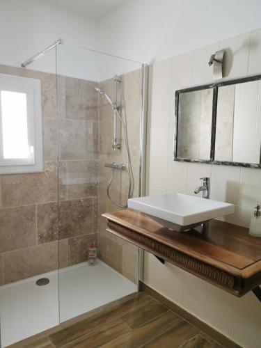 une salle de bain avec un lavabo et une douche dans l'établissement L'althea, à Carcassonne