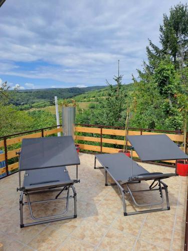 two picnic tables on a patio with a view at Marley kuca za odmor in Bešenovački Prnjavor