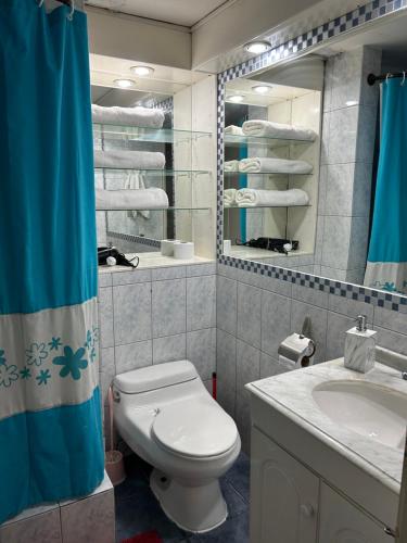 y baño con aseo, lavabo y espejo. en Departamento altos del centro, en Osorno