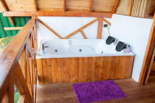 a bath tub in a room with a purple rug at Antahkarana Casa Hotel in San Agustín