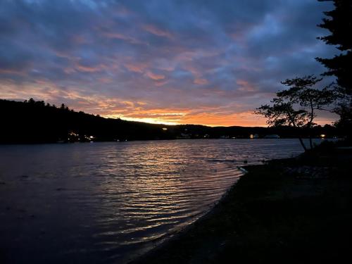 a sunset over a body of water with a tree at Lake Lauderdale Campground in Cambridge