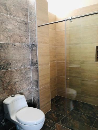 a bathroom with a toilet and a glass shower at HOTEL EMPERADOR PREMIUM in Jamundí