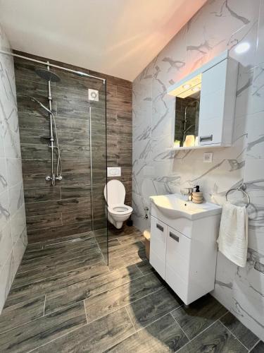 a bathroom with a shower and a toilet and a sink at Azzurro Apartman Srebrno Jezero in Veliko Gradište