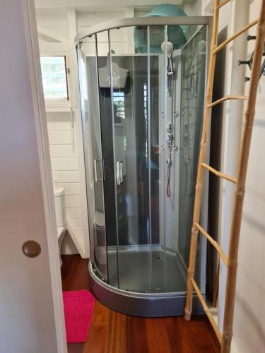 a shower with a glass door in a bathroom at La kaz nature bien-être in Petit-Bourg