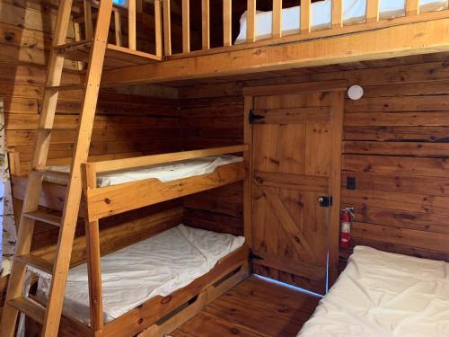 a bedroom with two bunk beds in a cabin at Lake Lauderdale Campground in Cambridge