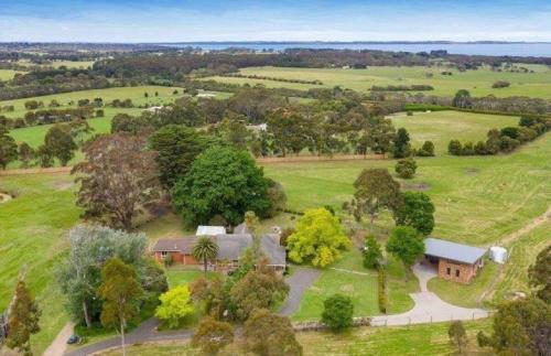 an aerial view of a house in a field at Country Home Stay, Animals, 2 Properties Sleeps 15 in Balnarring