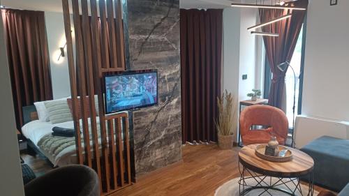 a living room with a bed and a tv on a wall at Square Luxury Apartments in Berovo