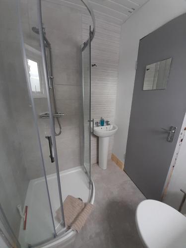 y baño con ducha y lavamanos. en Central Town Apartment, en Wexford