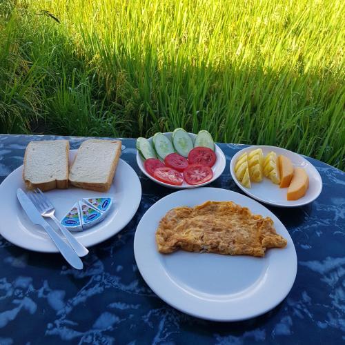 老街市Si si house and treckking experience的一张桌子,上面有四盘食物