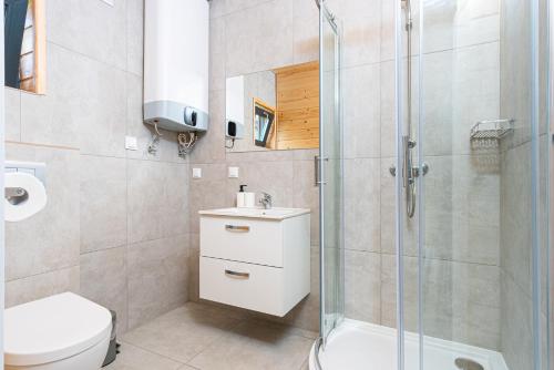 a bathroom with a shower and a toilet and a sink at OSADA JANTAR 2 in Jantar