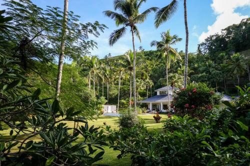 un jardín con palmeras y una casa de fondo en Casa Jasmin, en Las Terrenas