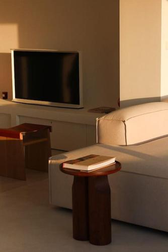 a living room with a couch and a tv at Mimizan Blue - Laid back luxury on the beach in Mimizan