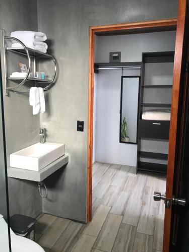 a bathroom with a sink and a bunk bed at Hospedaje Alto Lechuza Zarcero in Zarcero