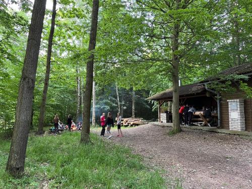 a group of people walking around a cabin in the woods at Dvůr Nové Zámky in Mladeč