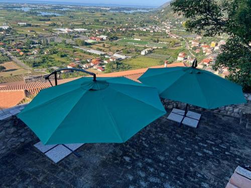 deux parapluies verts assis au-dessus d'un toit dans l'établissement La bella vista, à Monte San Biagio