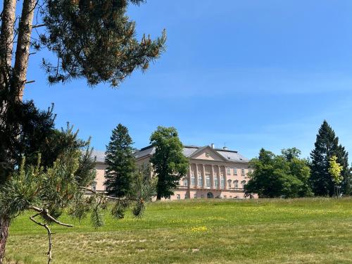 a large building in a field with a tree at Dvůr Nové Zámky in Mladeč