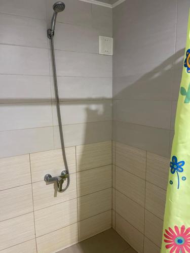a shower with a shower curtain in a bathroom at Гостевой Дом «ANIKA» in Ivankov