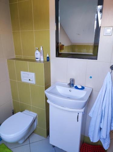 a bathroom with a sink and a toilet and a mirror at Mieszkanie in Iława