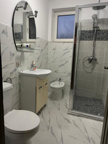 a bathroom with a shower and a toilet and a sink at Cazare David si familia . in Piatra Neamţ