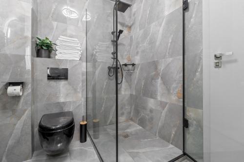 a shower with a glass door and a toilet in a bathroom at Felix Flat in Baile Felix