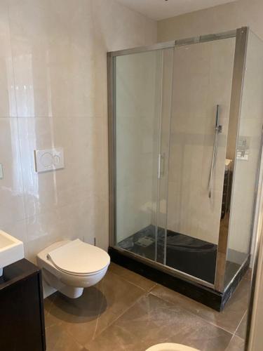 a bathroom with a toilet and a glass shower at EUR suite BEETHOVEN in Rome