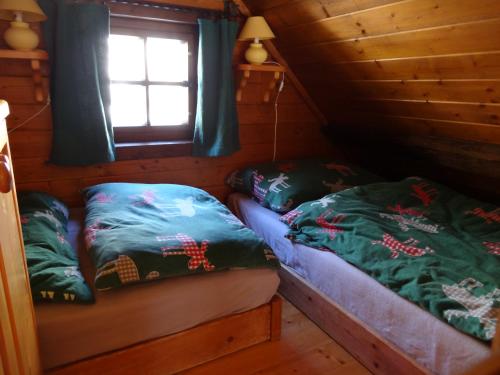 two beds in a log cabin with a window at Fischerhütte Donnersbachwald in Donnersbachwald